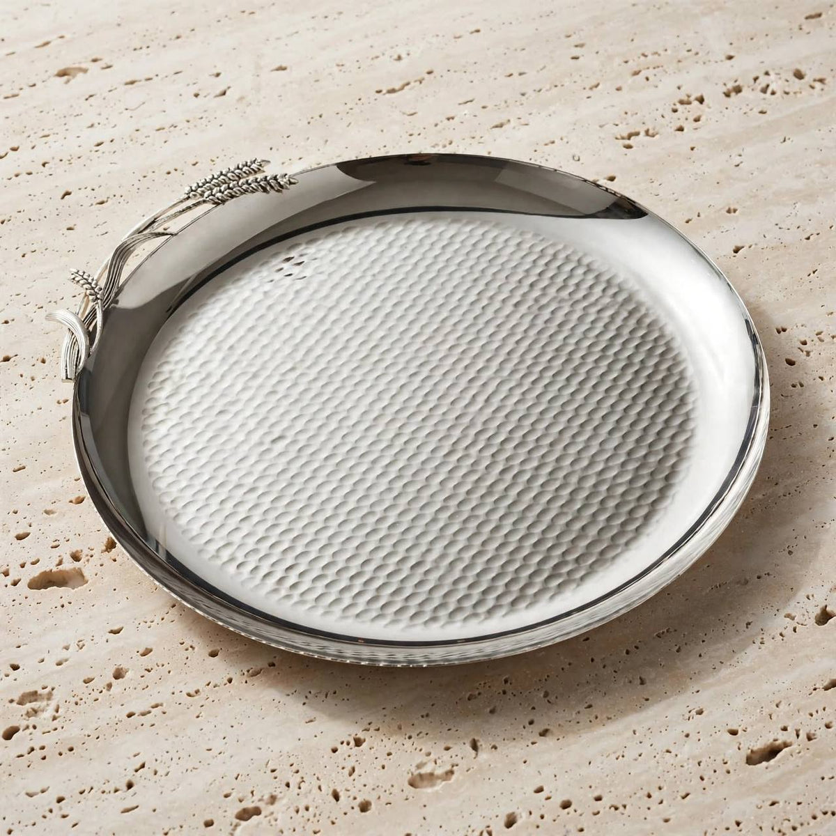 Artisanal All-Silver Round Stainless Steel Serving Platter with Hammered Center & Sculpted Wheat Sheaf Accent – 27 × 26 cm