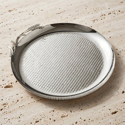 Artisanal All-Silver Round Stainless Steel Serving Platter with Hammered Center & Sculpted Wheat Sheaf Accent – 27 × 26 cm