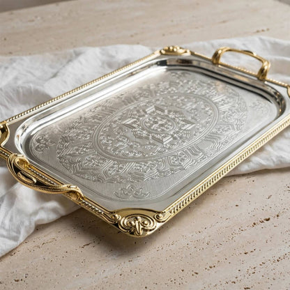 Royal Dual-Tone Stainless Steel Serving Platter with Deep Arabesque Etching & Gilded Baroque Corners – 52 × 35 cm