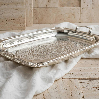 Grand All-Silver Baroque Stainless Steel Serving Platter with Arabesque Etching & Pierced Gallery Rim – 62 × 40 cm