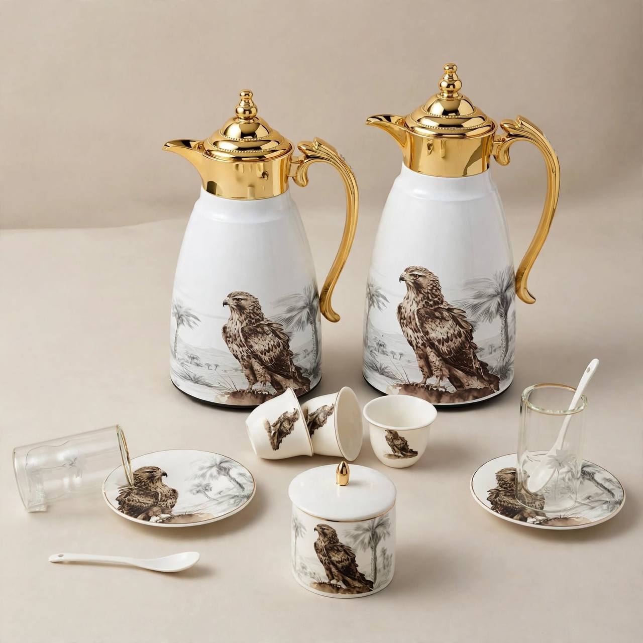 Heritage Falcon Edition 27-Piece Tea & Arabic Coffee Hospitality Set with Gilded Accents & Dual Thermal Carafes