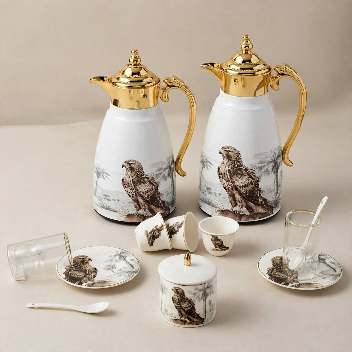 Heritage Falcon Edition 27-Piece Tea & Arabic Coffee Hospitality Set with Gilded Accents & Dual Thermal Carafes