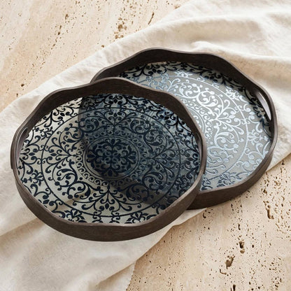 Antique 2-Piece Arabesque Serving Platter Set with Organic Wavy Rim & Handcrafted Finish