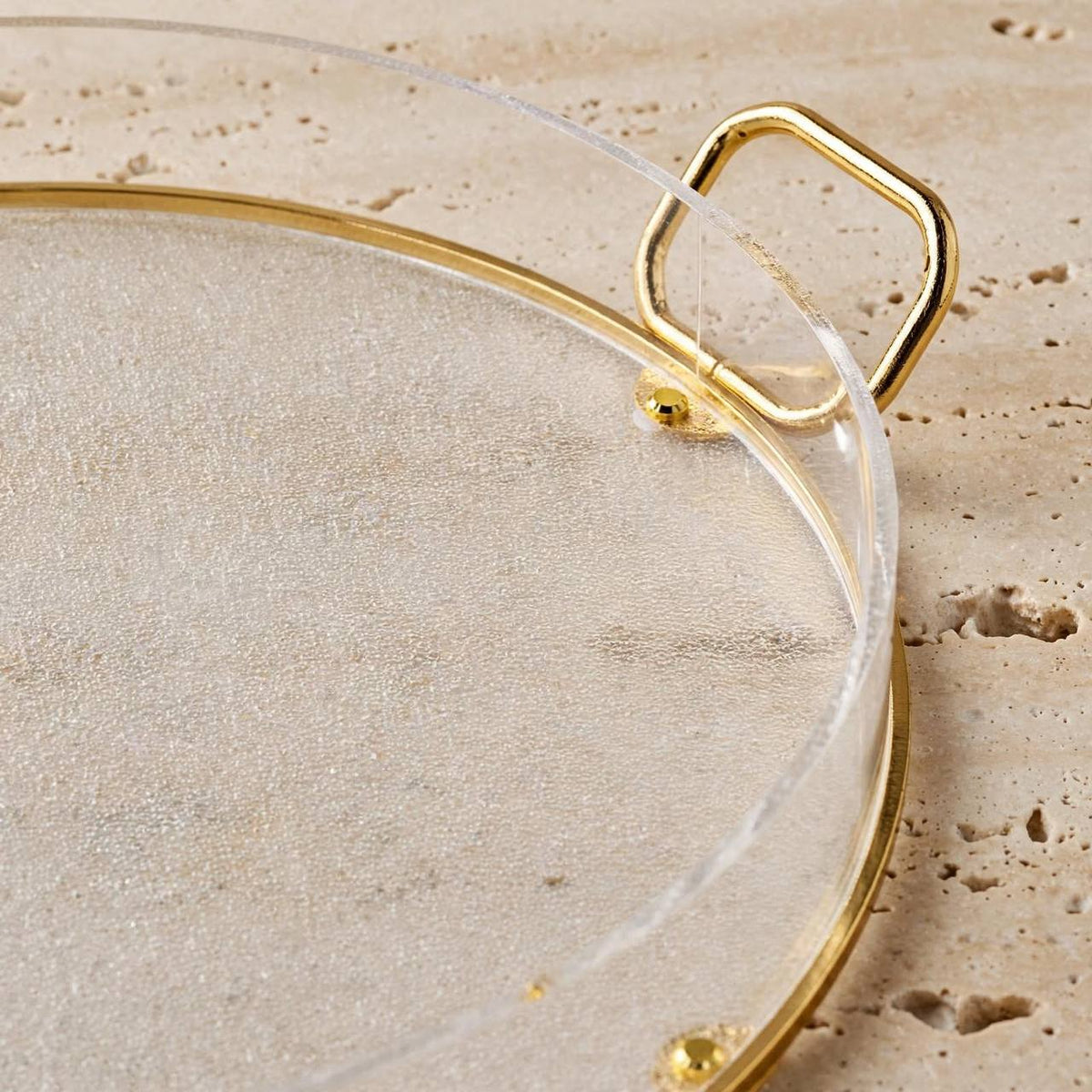 Luxury Round Clear Acrylic Serving Platter with Gilded Frame & Loop Handles – 44 × 36 cm