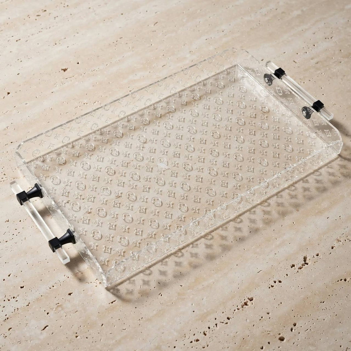 Luxury Monogram Pattern Clear Acrylic Serving Tray with Cylindrical Handles & Matte Black Hardware – 52 × 27 cm