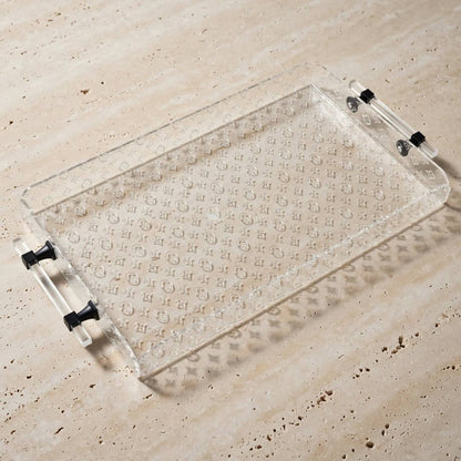 Luxury Monogram Pattern Clear Acrylic Serving Tray with Cylindrical Handles & Matte Black Hardware – 52 × 27 cm