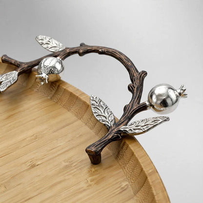 Round Natural Wood Serving Platter with Silver Pomegranate Branch Handles – 58 × 50 cm