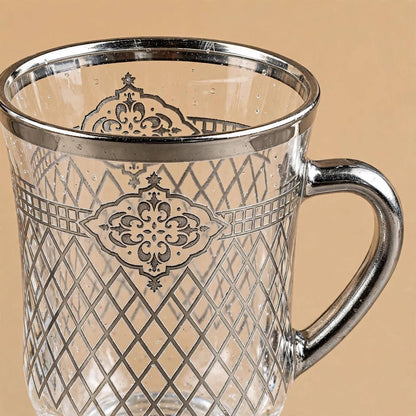 Glass Tea Cups & Saucers 12 Pcs Set Silver Pattern