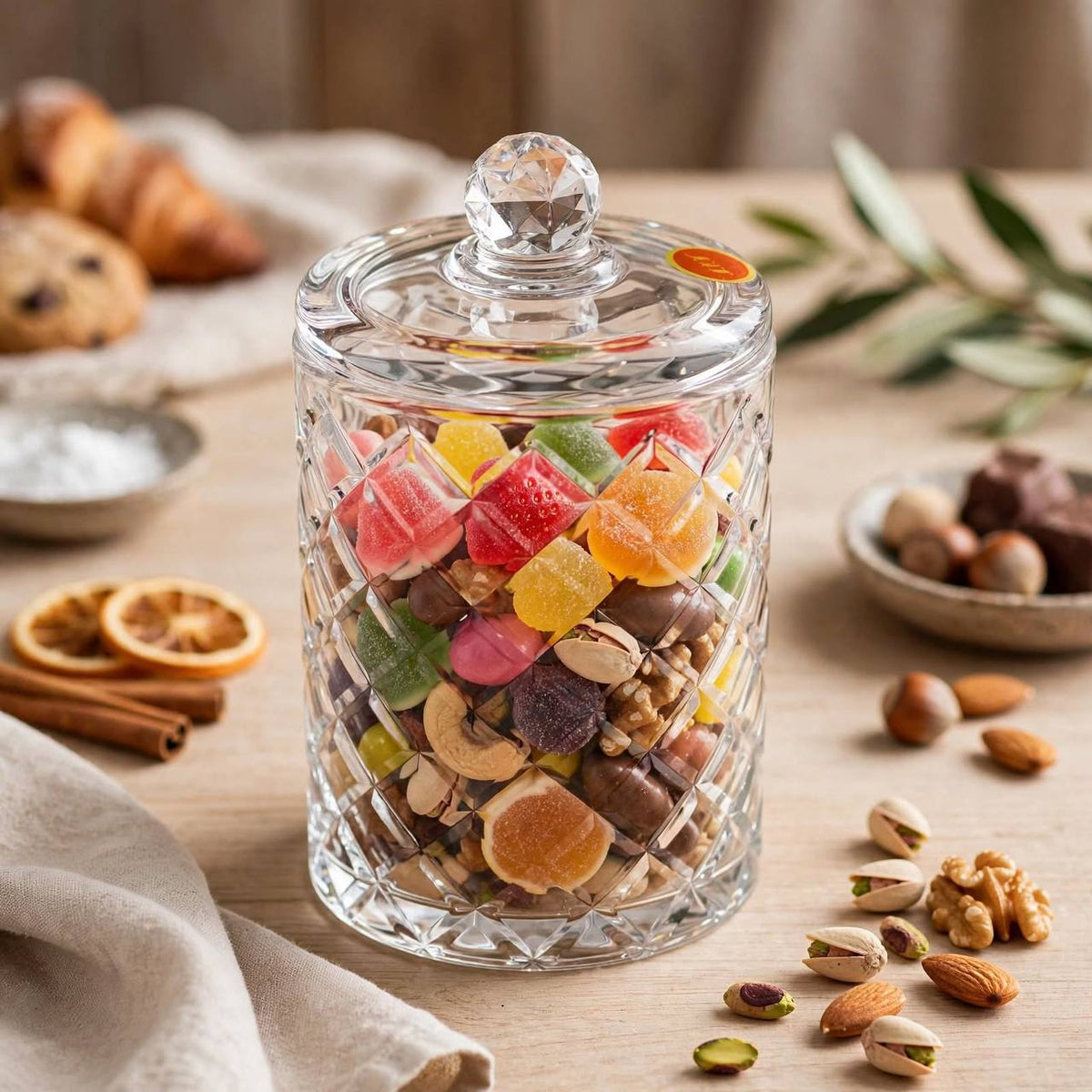 Tall Diamond Cut Glass Candy Jar with Lid – 20x10cm - Mawaeen