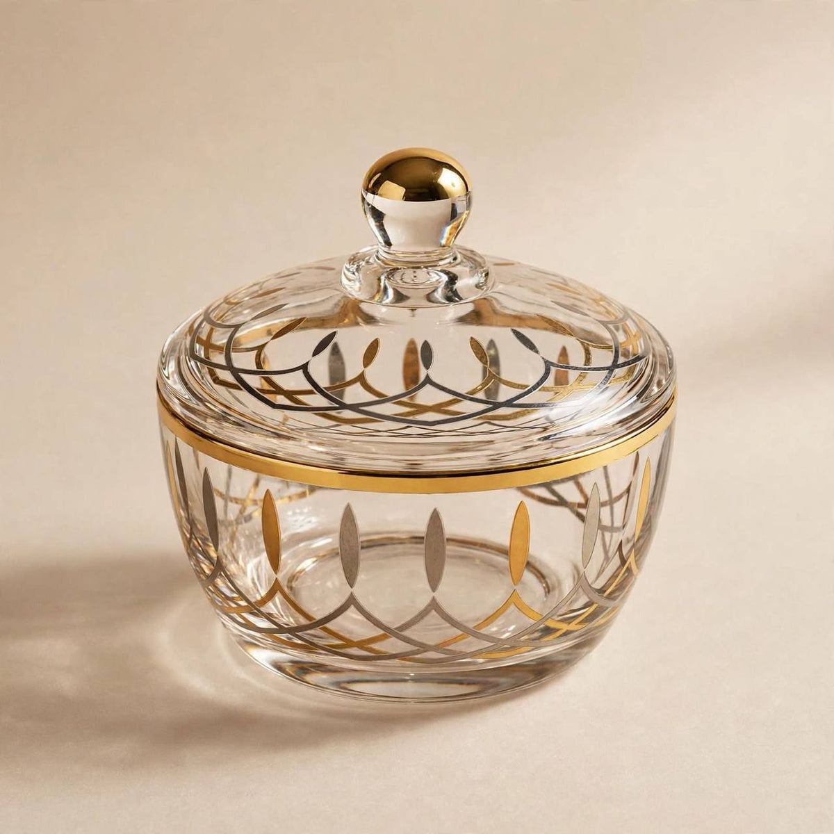 Gold & Silver Patterned Glass Sugar Bowl with Lid – 10x9cm