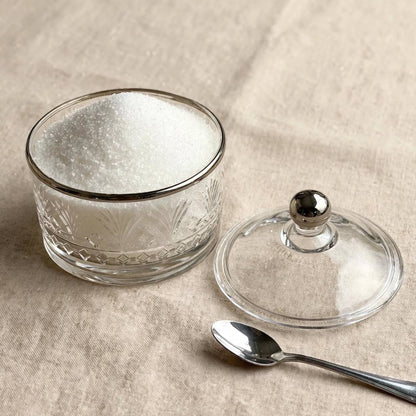 Silver Rim Cut Crystal Glass Sugar Bowl with Lid – 10x9cm
