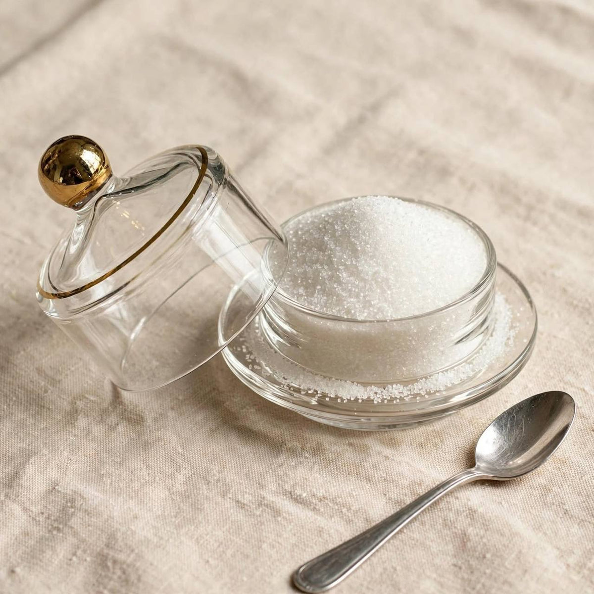 Gold Trim Glass Cloche Sugar Bowl with Saucer – 10x9cm