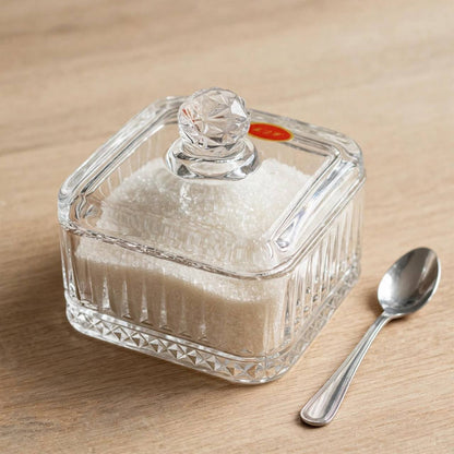 Square Ribbed Crystal Glass Sugar Bowl with Lid – 10x11cm