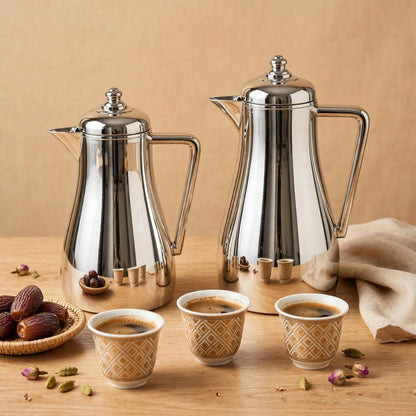Al Saif Silver Arabic Coffee Thermal Dallah Set (2-Piece, 1L & 0.75L)