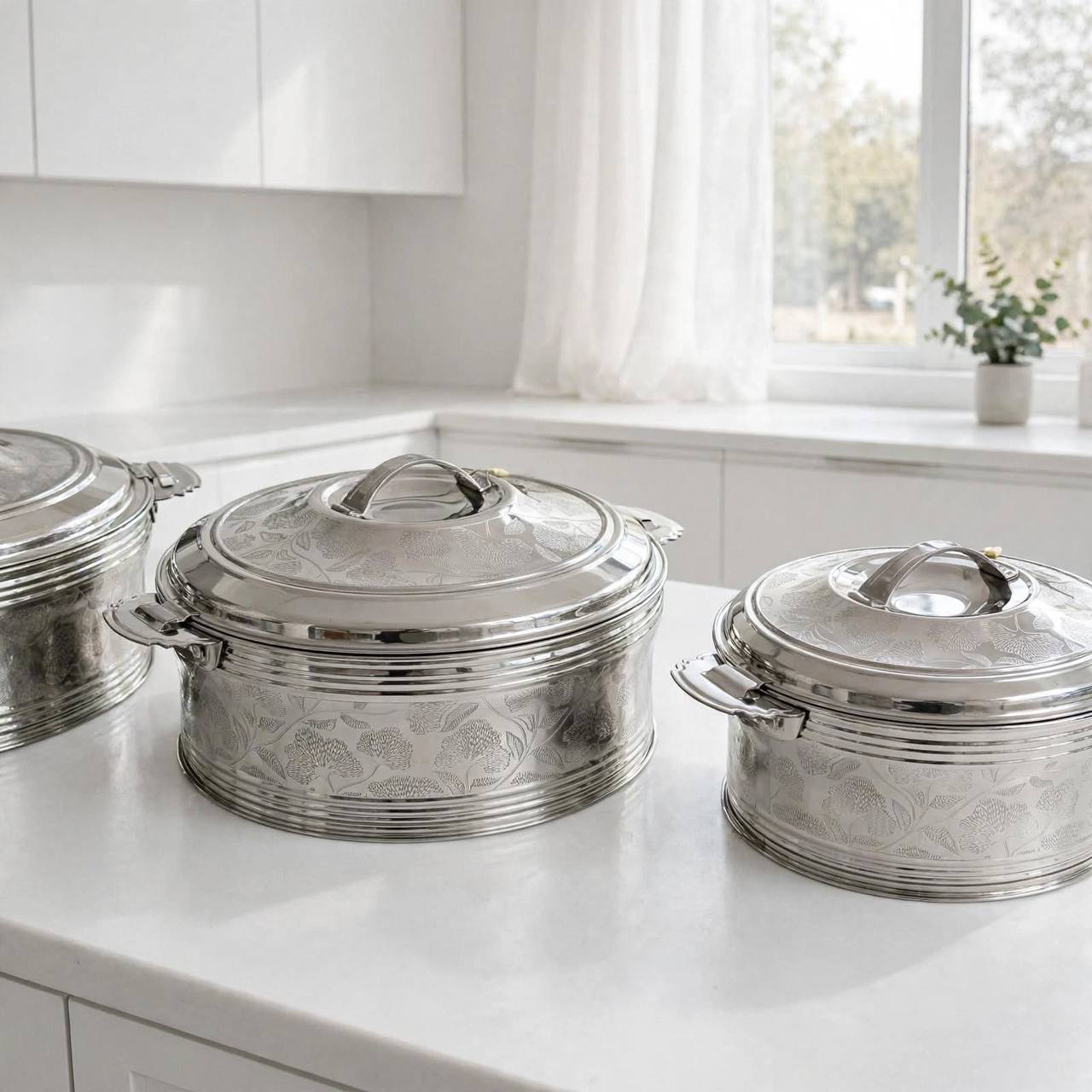 Al Marjan 3-Piece Floral Etched Thermal Hotpot Serving Set in Silver (2.5L, 4.8L, 6L)