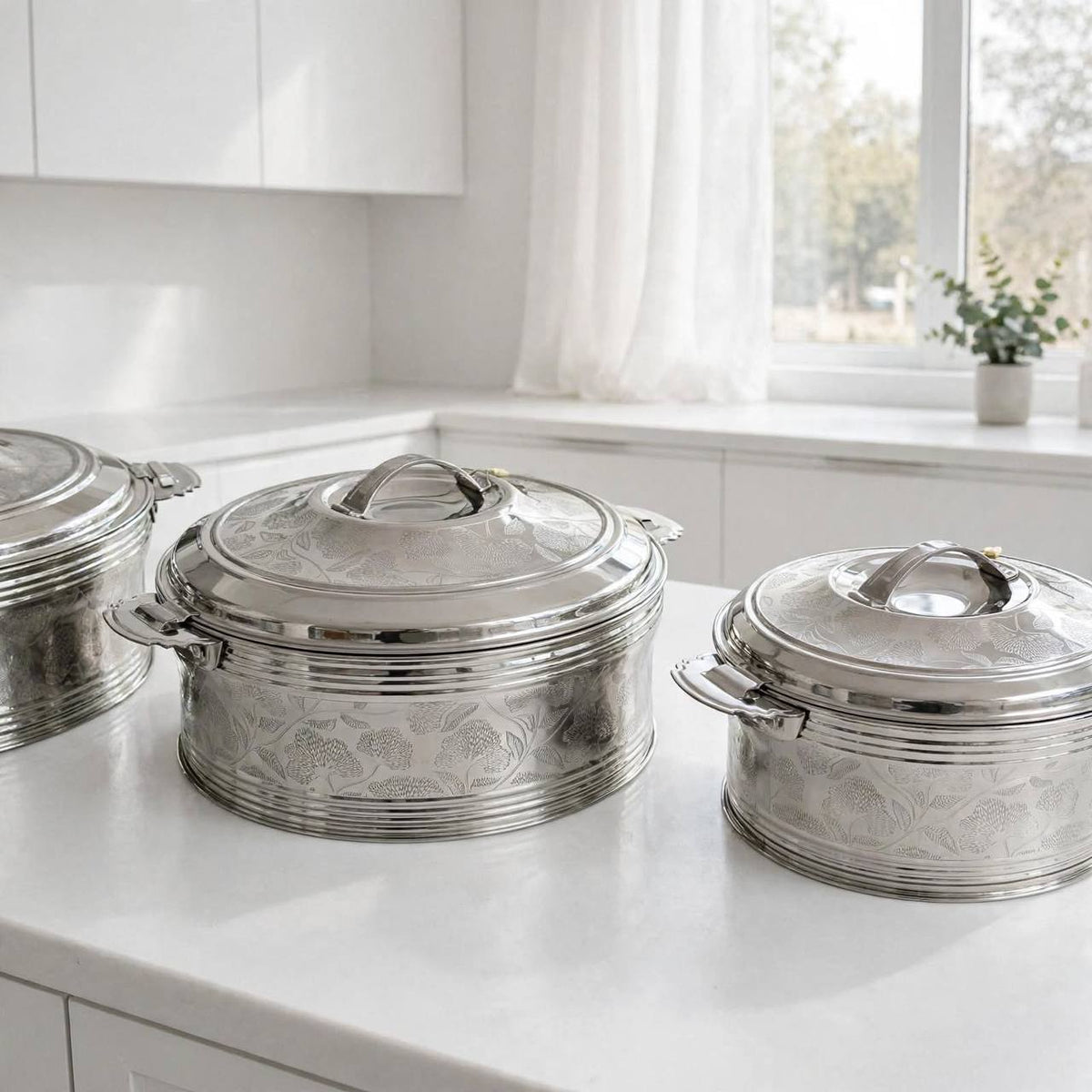 Al Marjan 3-Piece Floral Etched Thermal Hotpot Serving Set in Silver (2.5L, 4.8L, 6L)