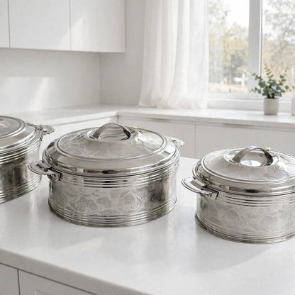 Al Marjan 3-Piece Floral Etched Thermal Hotpot Serving Set in Silver (2.5L, 4.8L, 6L)