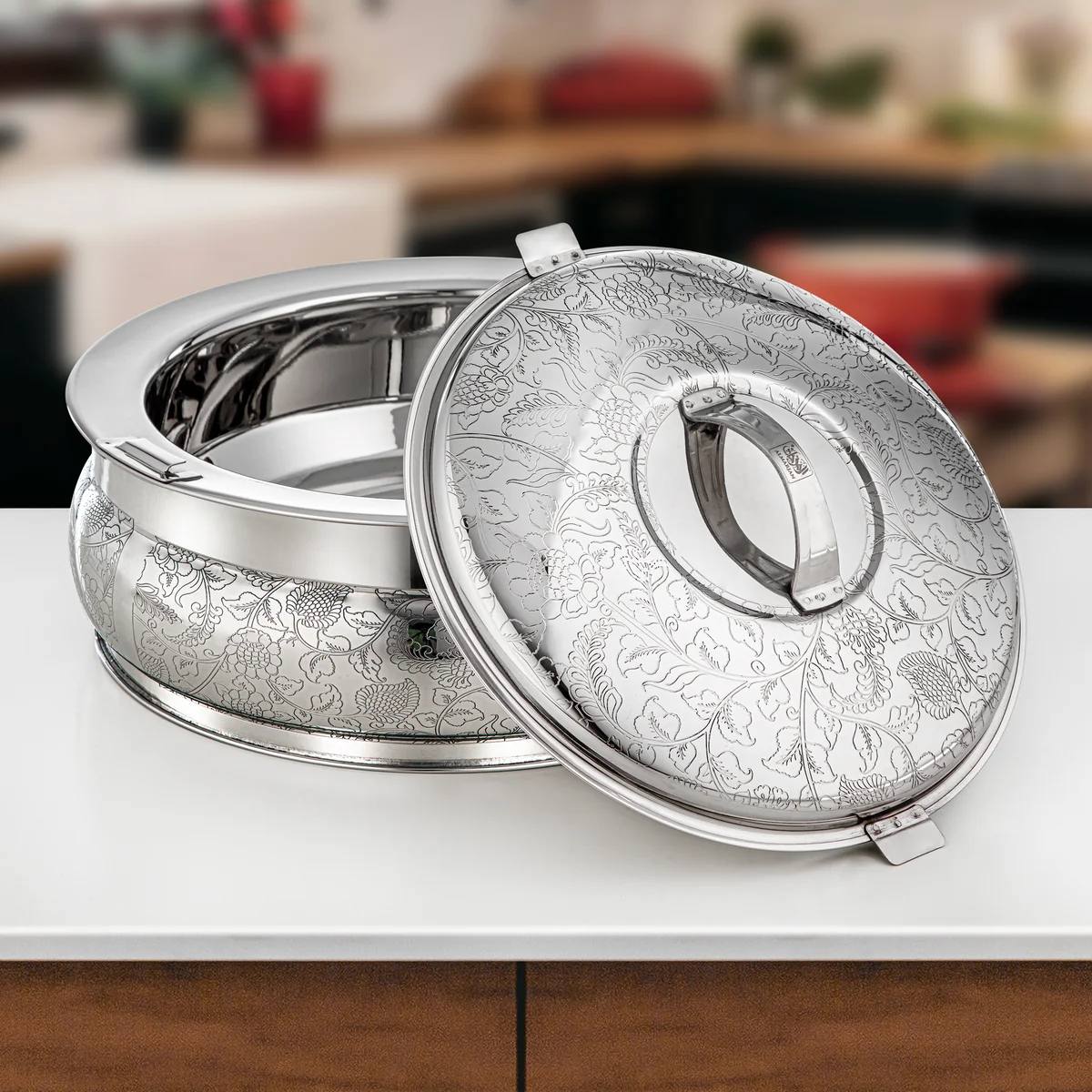 Al Marjan 3-Piece Deluxe Floral Etched Hotpot Serving Set in Silver (2.5L, 4.8L, 6L)