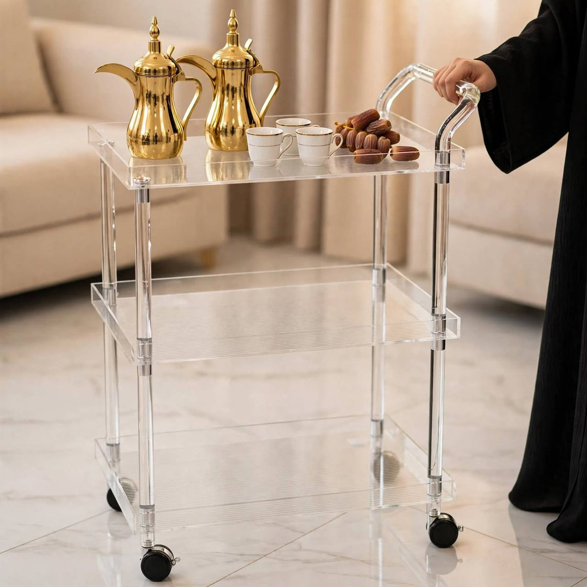 3-Tier Luxury Clear Acrylic & Silver Hospitality Serving Trolley
