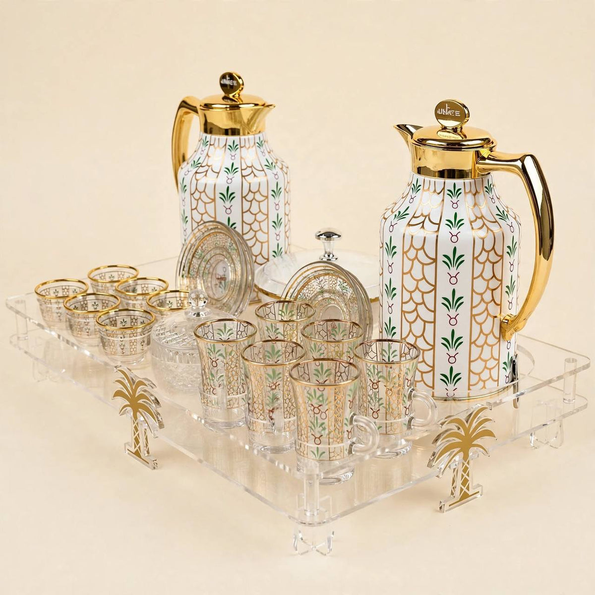 Heritage Gold & Palm Motif Tea & Coffee Hospitality Set with Custom Palm-Leg Acrylic Tray, Covered Date Bowl & Crystal Sugar Pot