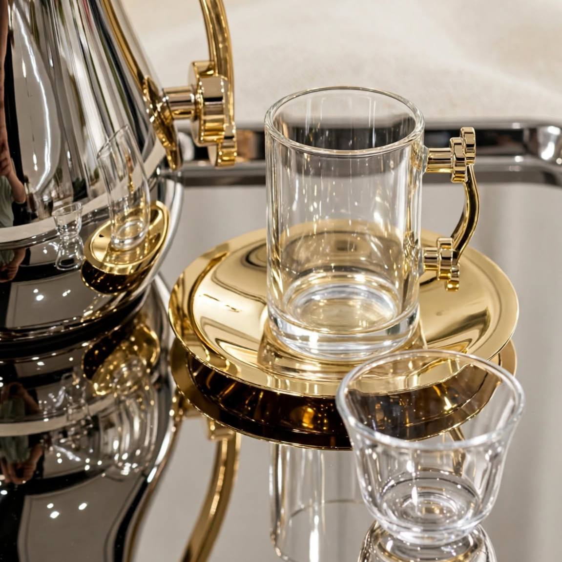 Mahra Silver & Gold Tea & Coffee Hospitality Set – 1.0L & 1.0L Thermal Carafes with 6 Handled Tea Glasses, Saucers, Cawa Cups & Serving Tray