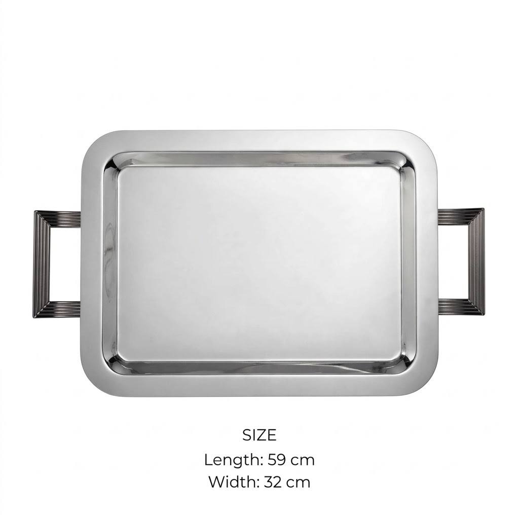Modern Art Deco Chrome Stainless Steel Serving Tray with Fluted Silver Handles – 59 × 32 cm