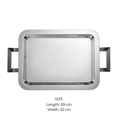 Modern Art Deco Chrome Stainless Steel Serving Tray with Fluted Silver Handles – 59 × 32 cm