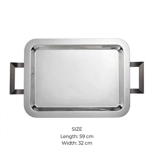 Modern Art Deco Chrome Stainless Steel Serving Tray with Fluted Silver Handles – 59 × 32 cm