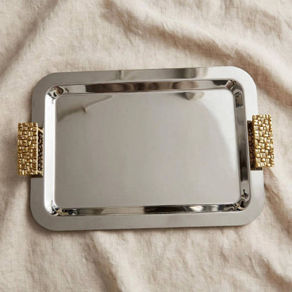 Modern Dual-Tone Stainless Steel Serving Platter with Textured Gold Handles – 51 × 32 cm