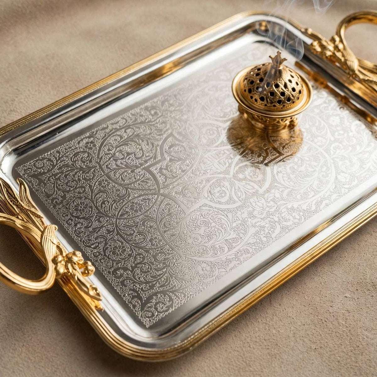 Royal Dual-Tone Arabesque Engraved Stainless Steel Serving Tray with Gilded Rim & Foliage Handles