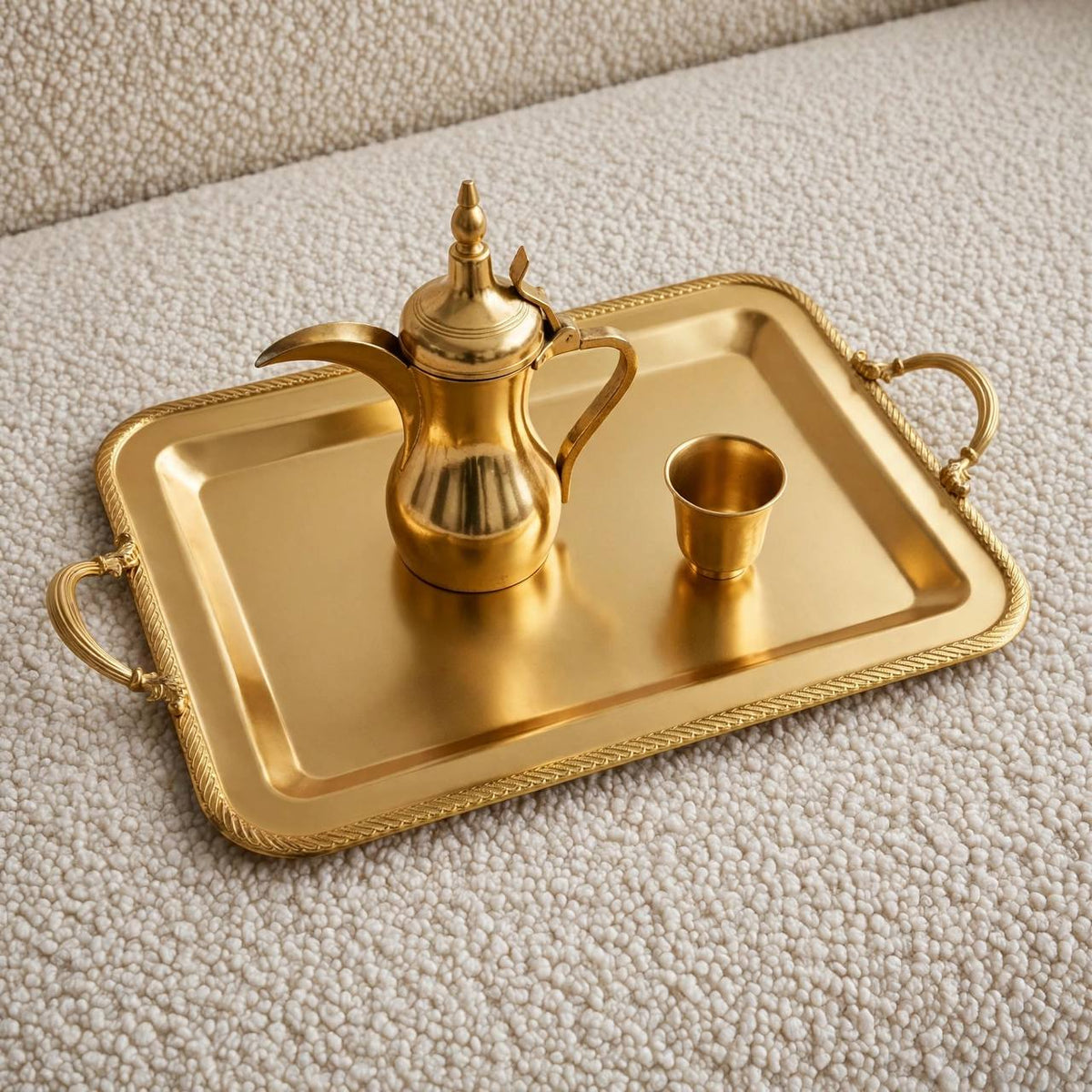 Royal Gilded Stainless Steel Serving Tray with Braided Rope Rim & Baroque Handles