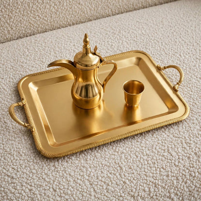 Royal Gilded Stainless Steel Serving Tray with Braided Rope Rim & Baroque Handles