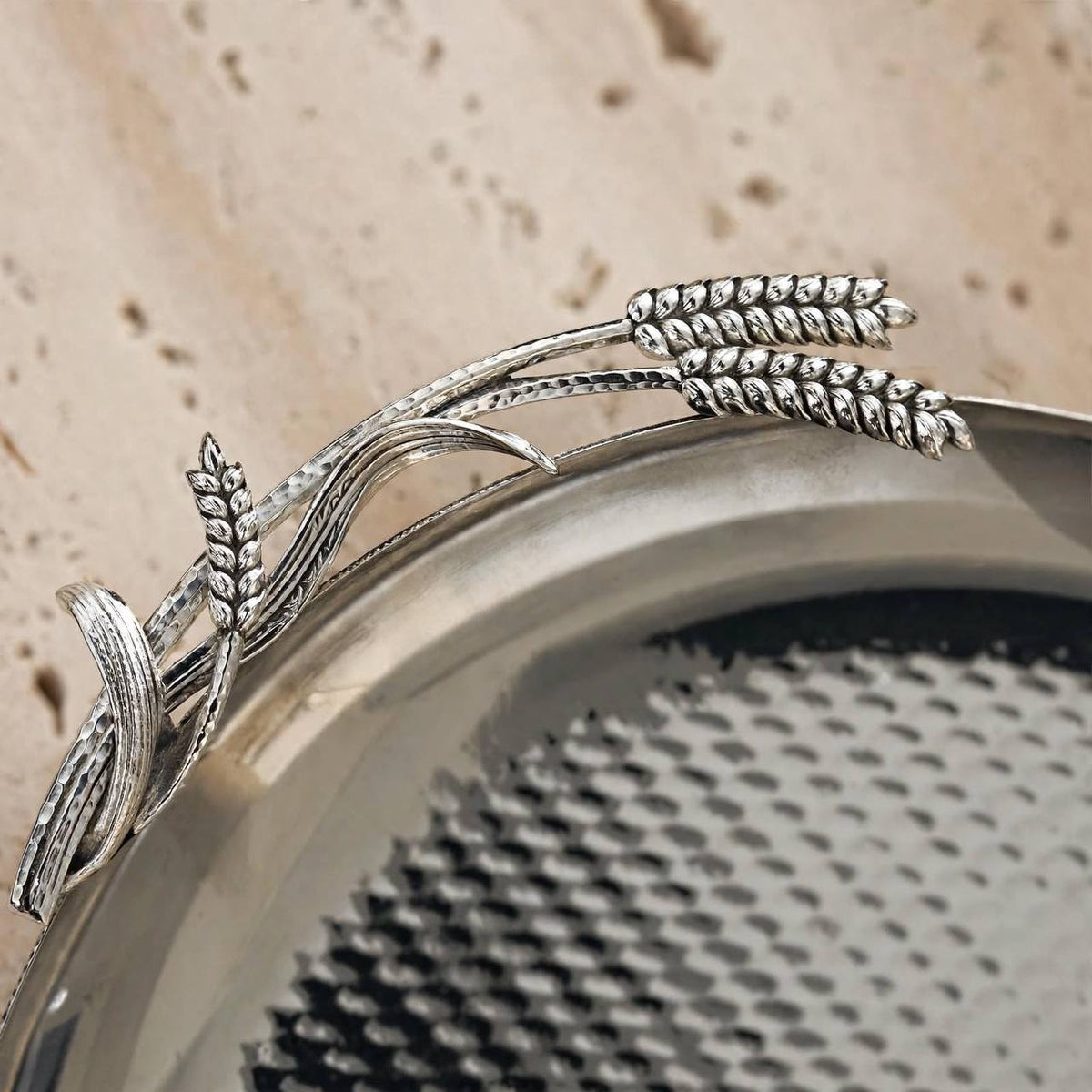 Artisanal All-Silver Round Stainless Steel Serving Platter with Hammered Center & Sculpted Wheat Sheaf Accent – 34 × 32 cm
