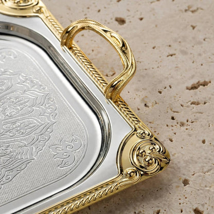Grand Royal Dual-Tone Stainless Steel Serving Tray with Deep Arabesque Etching & Gilded Baroque Corners – 66 × 47 cm