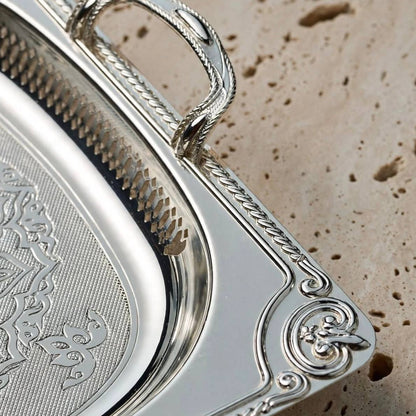 Grand All-Silver Baroque Stainless Steel Serving Platter with Arabesque Etching & Pierced Gallery Rim – 62 × 40 cm