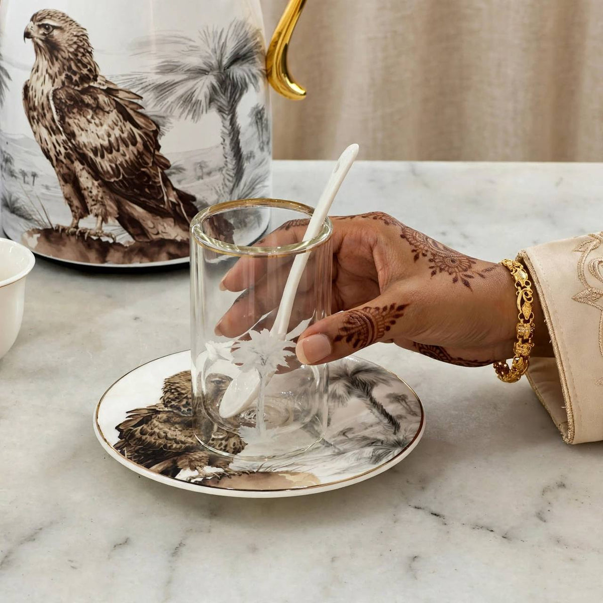 Heritage Falcon Edition 27-Piece Tea & Arabic Coffee Hospitality Set with Gilded Accents & Dual Thermal Carafes