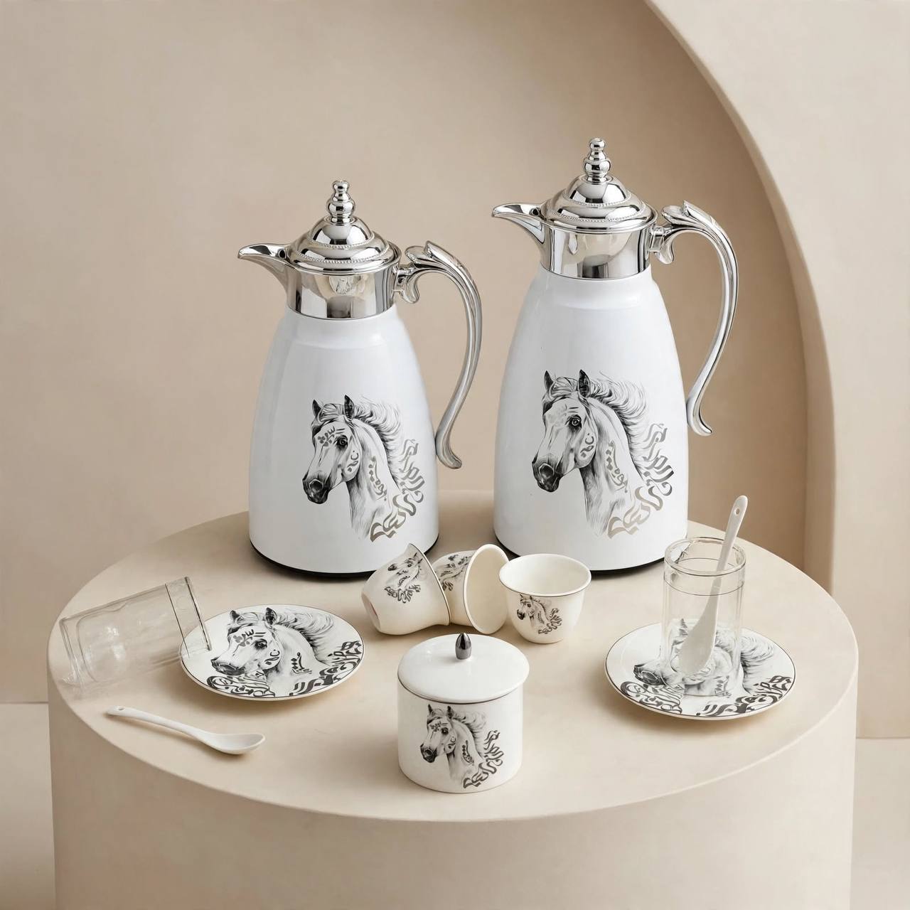 Royal Arabian Stallion 27-Piece Tea & Coffee Hospitality Set with Mirror Chrome Accents & Dual Thermal Carafes