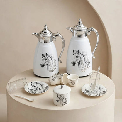 Royal Arabian Stallion 27-Piece Tea & Coffee Hospitality Set with Mirror Chrome Accents & Dual Thermal Carafes