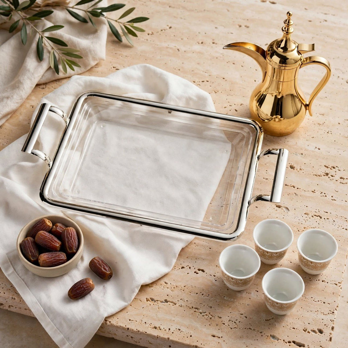Modern Minimalist Clear Acrylic Serving Platter with Chrome Rim & Angular Metal Handles – 45 × 26 cm