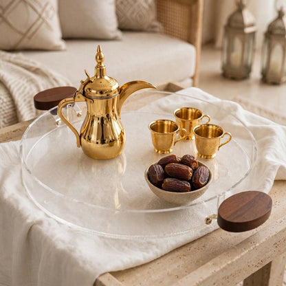 Modern Oval Clear Acrylic Serving Platter with Round Natural Wood Side Handles – 49 × 36 cm