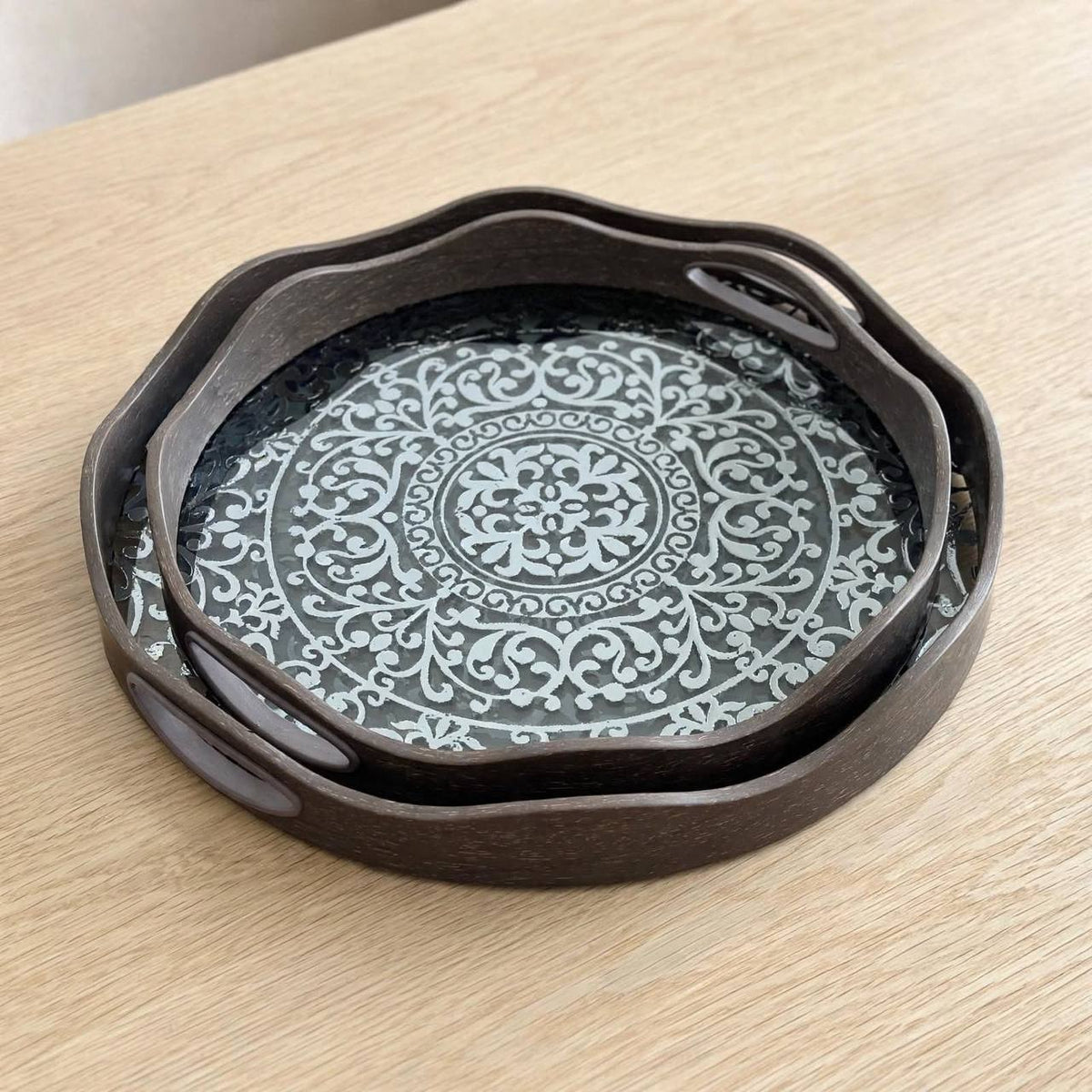Antique 2-Piece Arabesque Serving Platter Set with Organic Wavy Rim & Handcrafted Finish