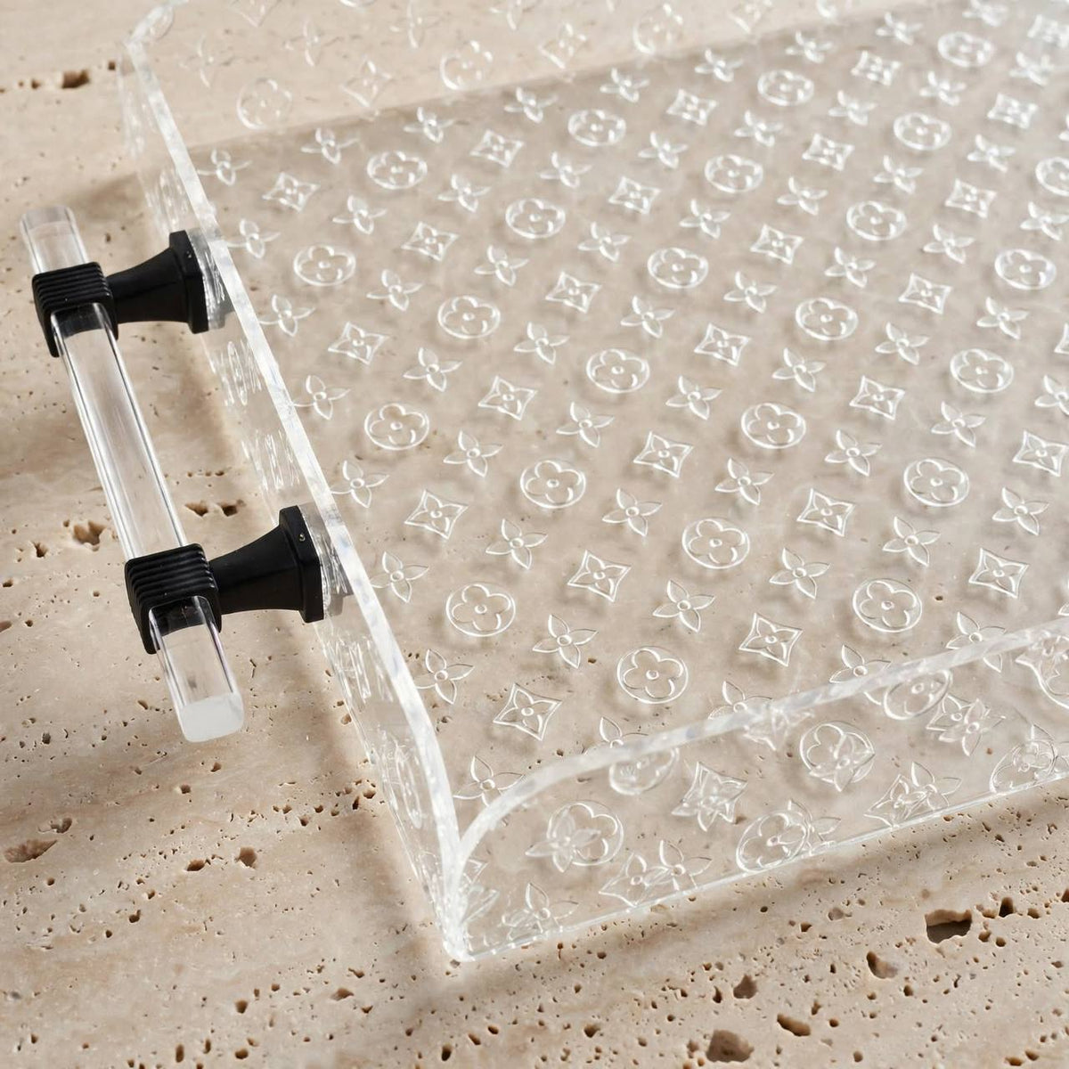 Luxury Monogram Pattern Clear Acrylic Serving Tray with Cylindrical Handles & Matte Black Hardware – 52 × 27 cm