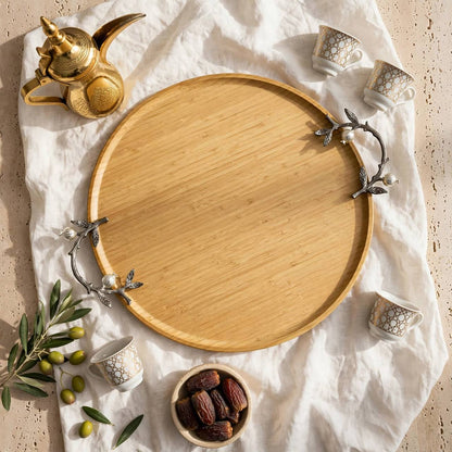 Round Natural Wood Serving Platter with Silver Pomegranate Branch Handles – 58 × 50 cm