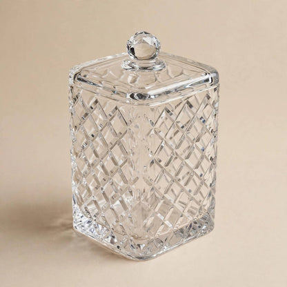 Tall Square Diamond Cut Glass Candy Jar with Lid – 20x10cm
