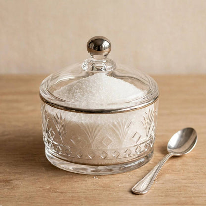 Silver Rim Cut Crystal Glass Sugar Bowl with Lid – 10x9cm