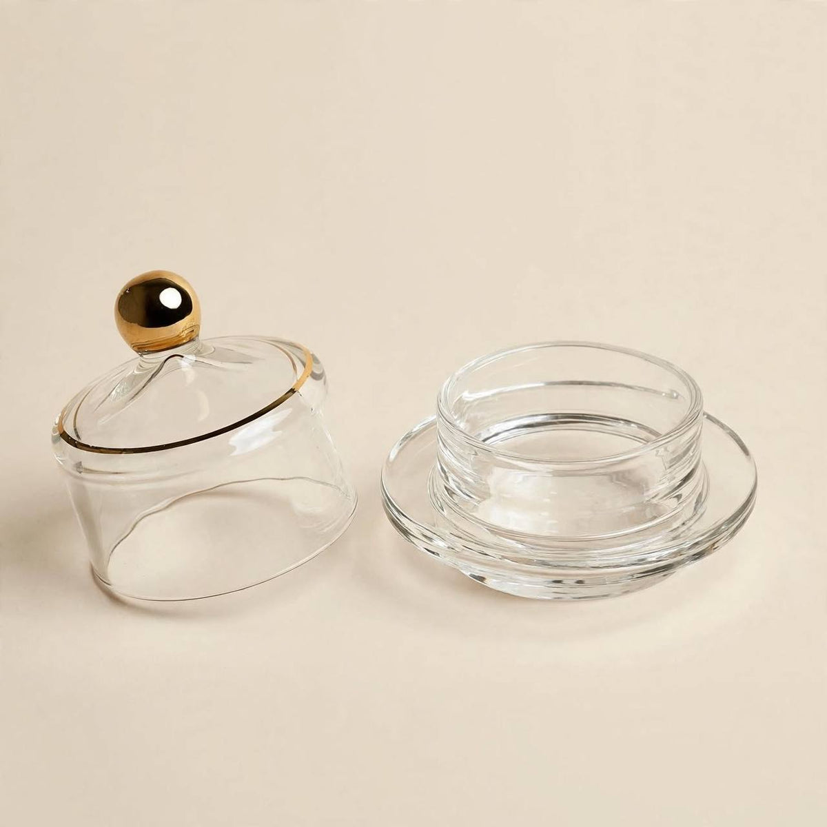 Gold Trim Glass Cloche Sugar Bowl with Saucer – 10x9cm
