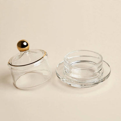Gold Trim Glass Cloche Sugar Bowl with Saucer – 10x9cm