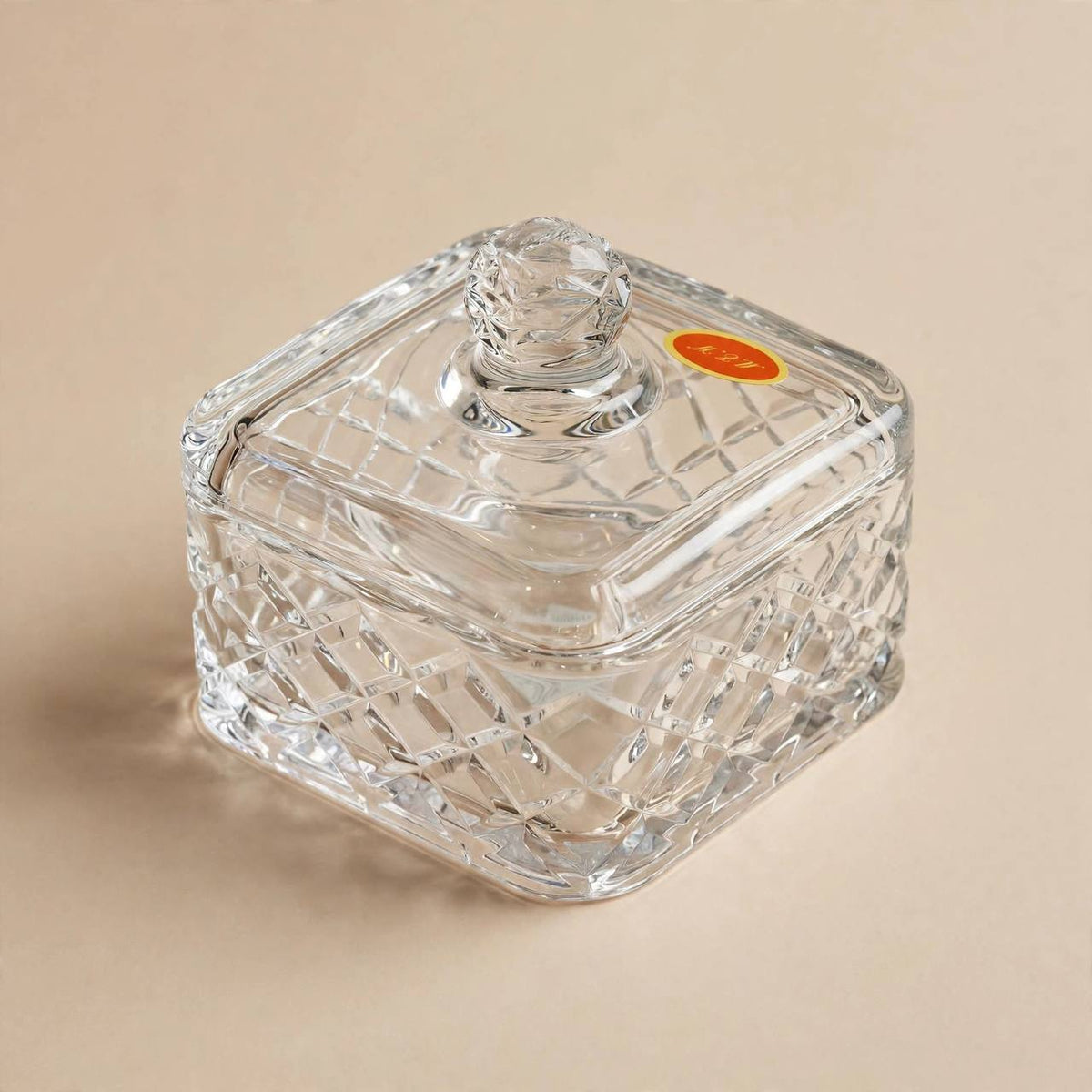 Square Diamond Cut Crystal Glass Sugar Bowl with Lid – 10x11cm