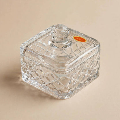 Square Diamond Cut Crystal Glass Sugar Bowl with Lid – 10x11cm