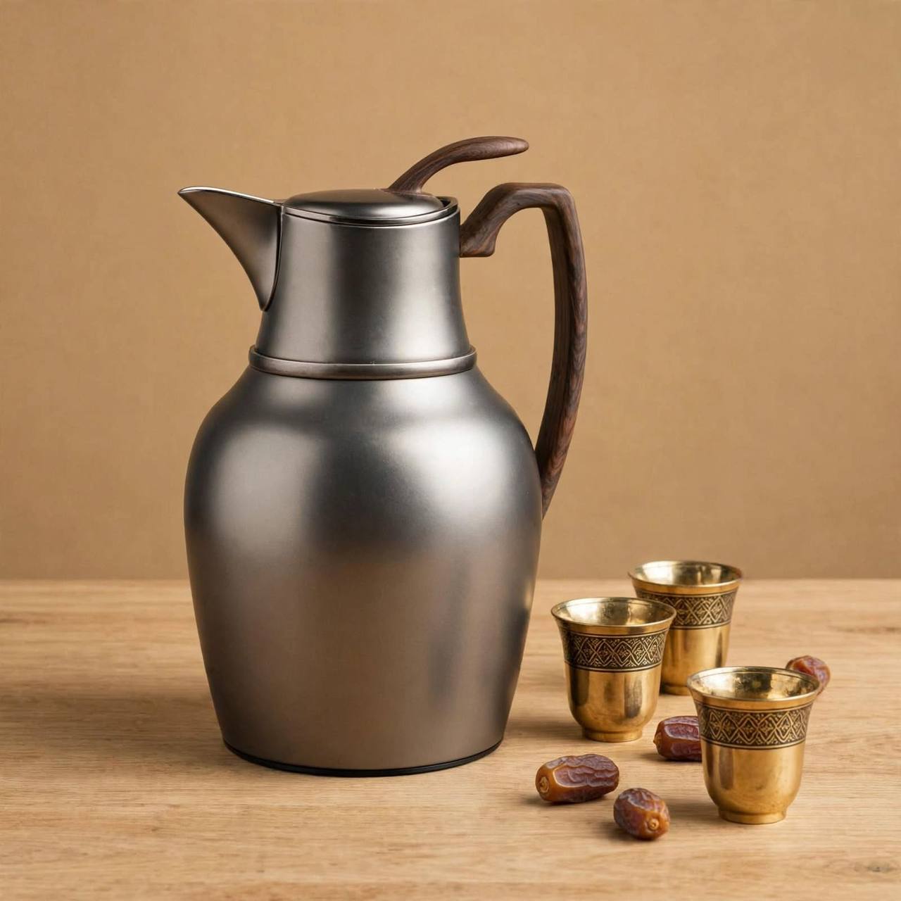 NGT Matt Chrome Thermal Dallah with Wood-Look Handle – 1 Liter